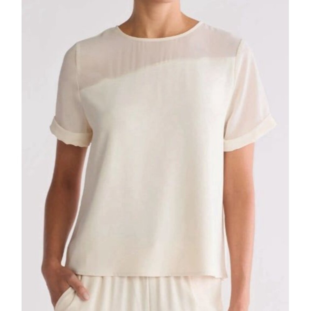 Melloday Women's Cream Mixed Media Sheer Jewel Neckline Stretch Top S